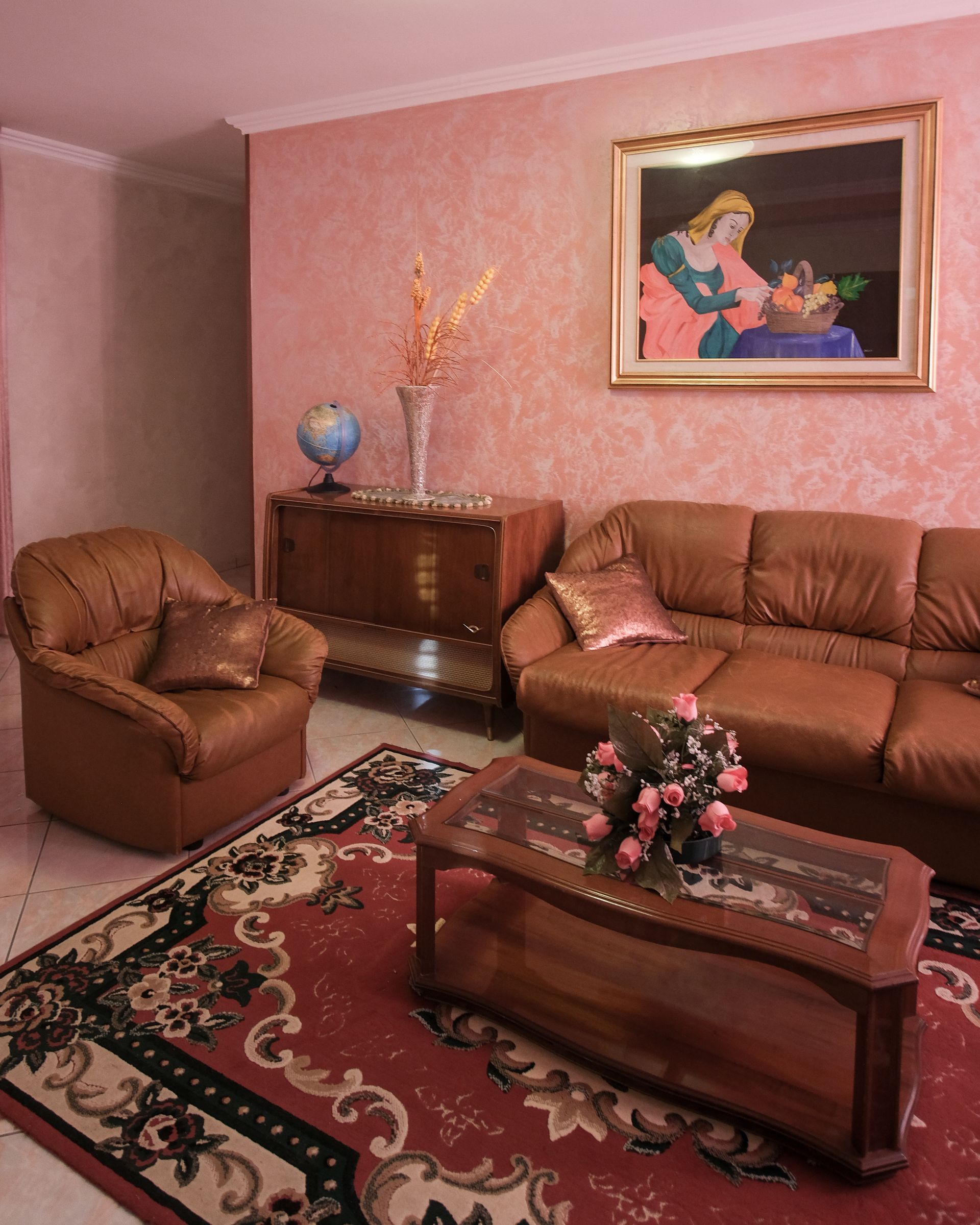 Soggiorno con mobili in pelle marrone, tappeto rosso e quadro su una parete rosa.