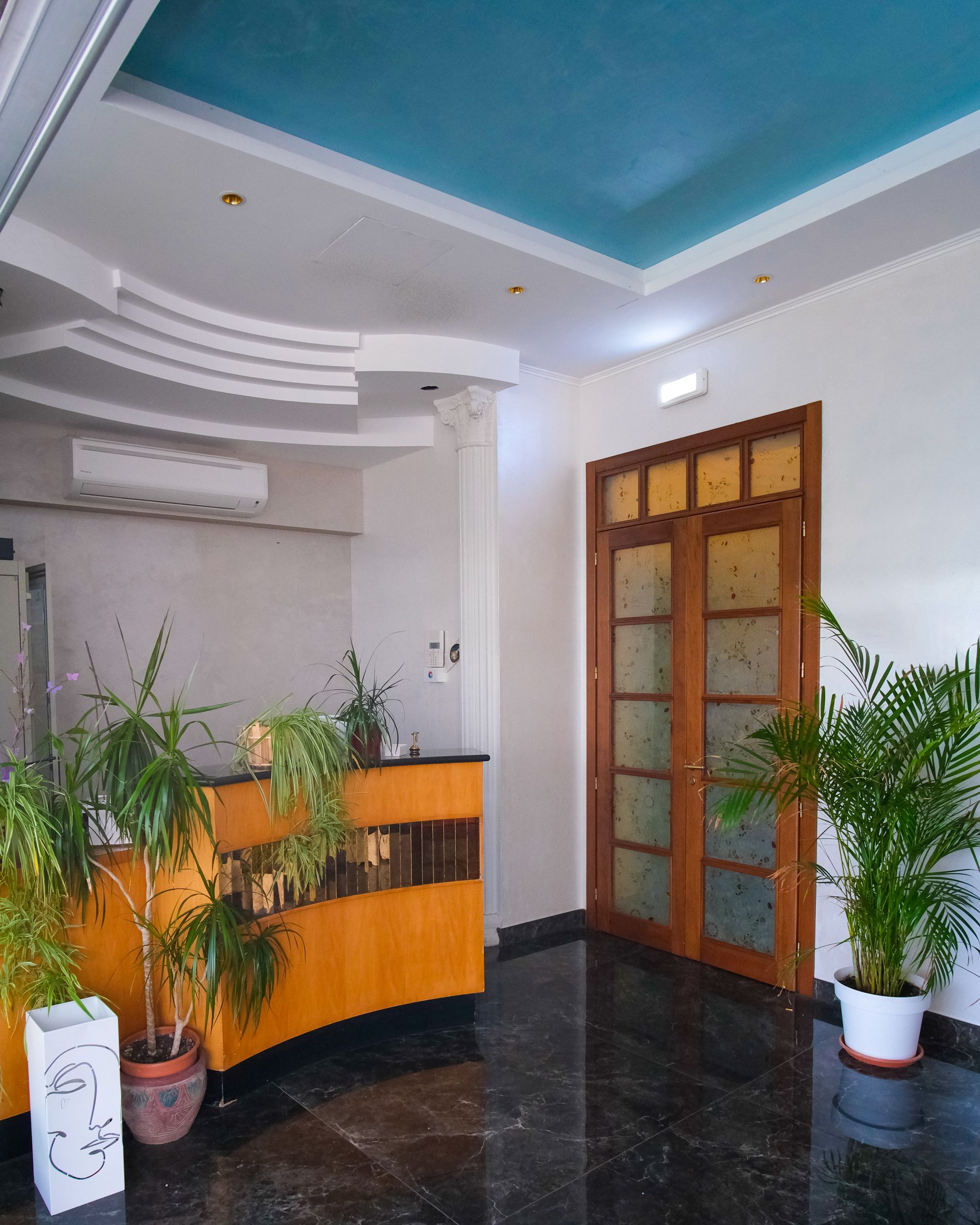 Hall dell'hotel con piante, bancone della reception in legno e doppie porte in vetro. Soffitto verde acqua, pavimento scuro.