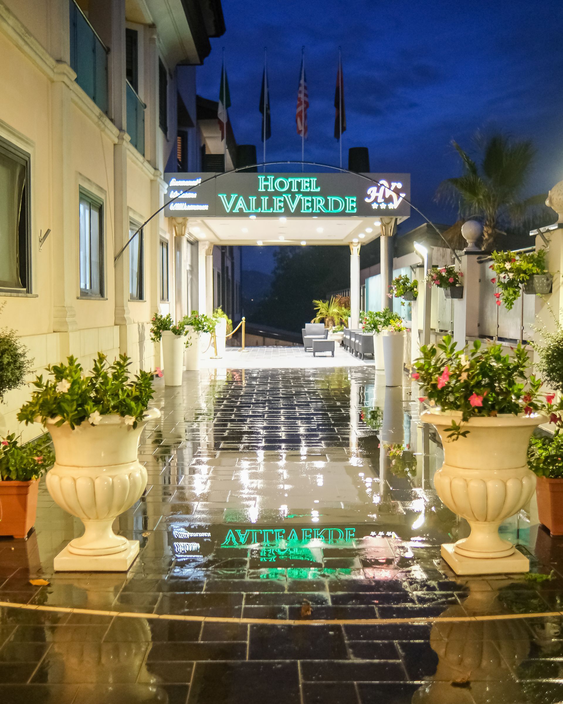 Ingresso dell'Hotel Valleverde di notte, insegna illuminata, gradini in pietra, piante in vaso, pavimento bagnato.