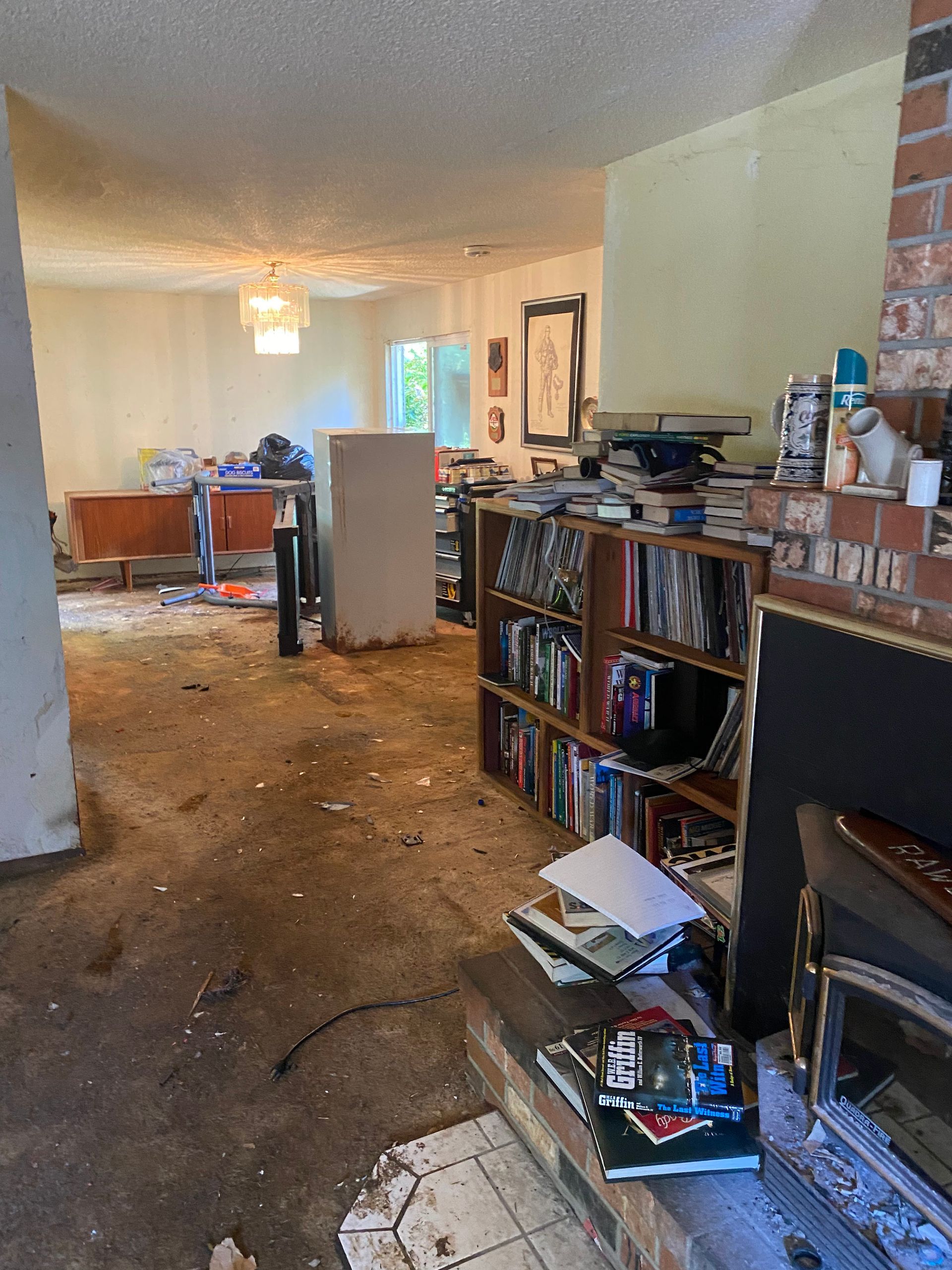 Interior view of a messy living room with damaged floors and furniture. Bookshelves and fireplace present.