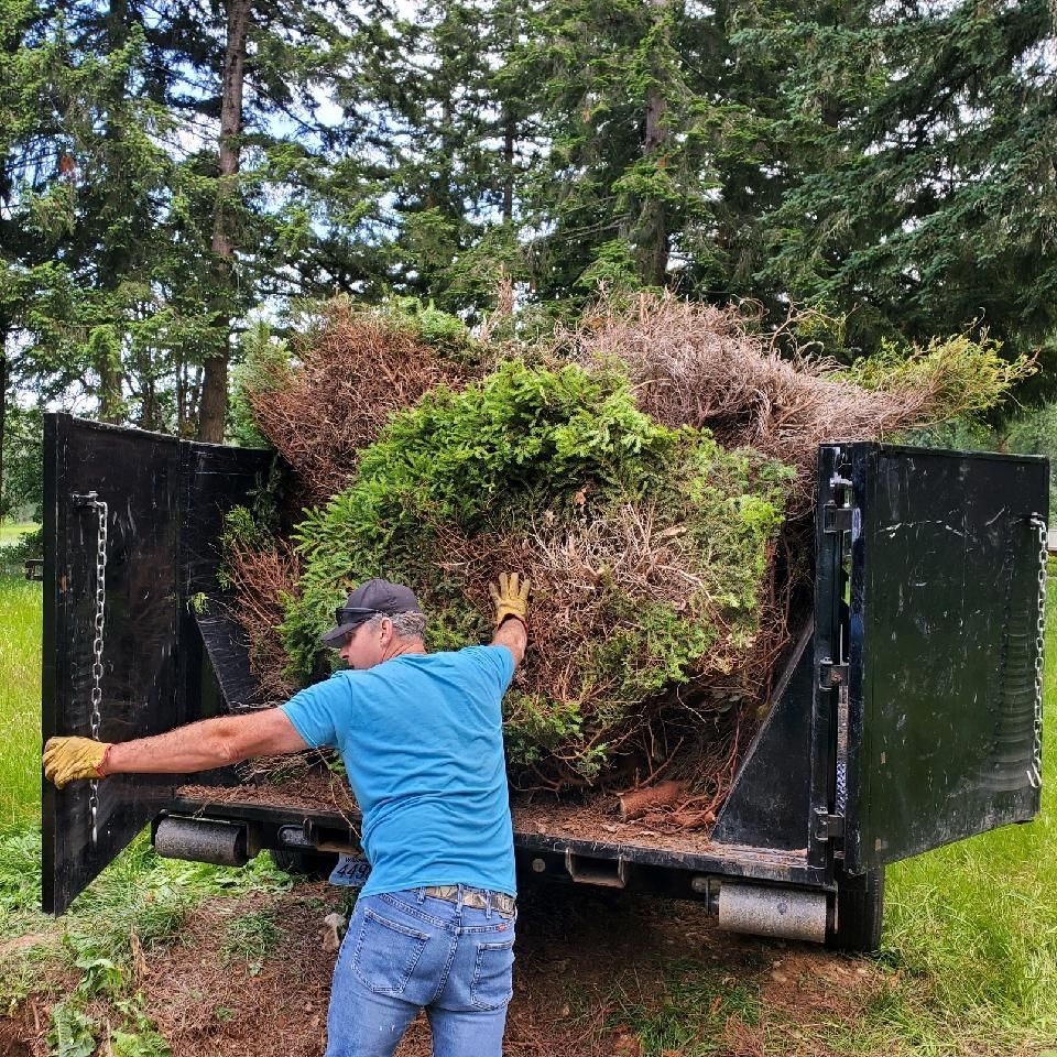 Man loads brush into a truck bed. He wears a blue shirt and jeans outside on a grassy area near trees.