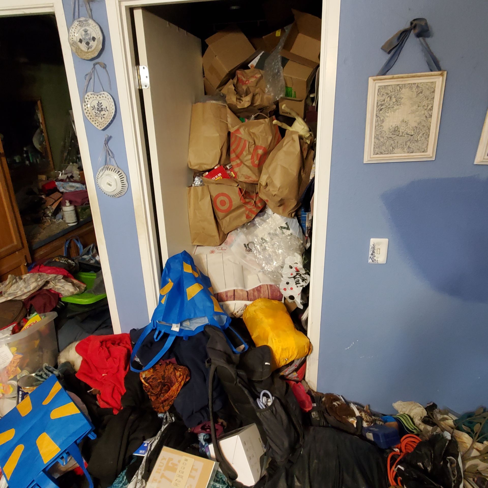 A cluttered room with an overflowing closet. Clothes, bags, and boxes litter the floor.