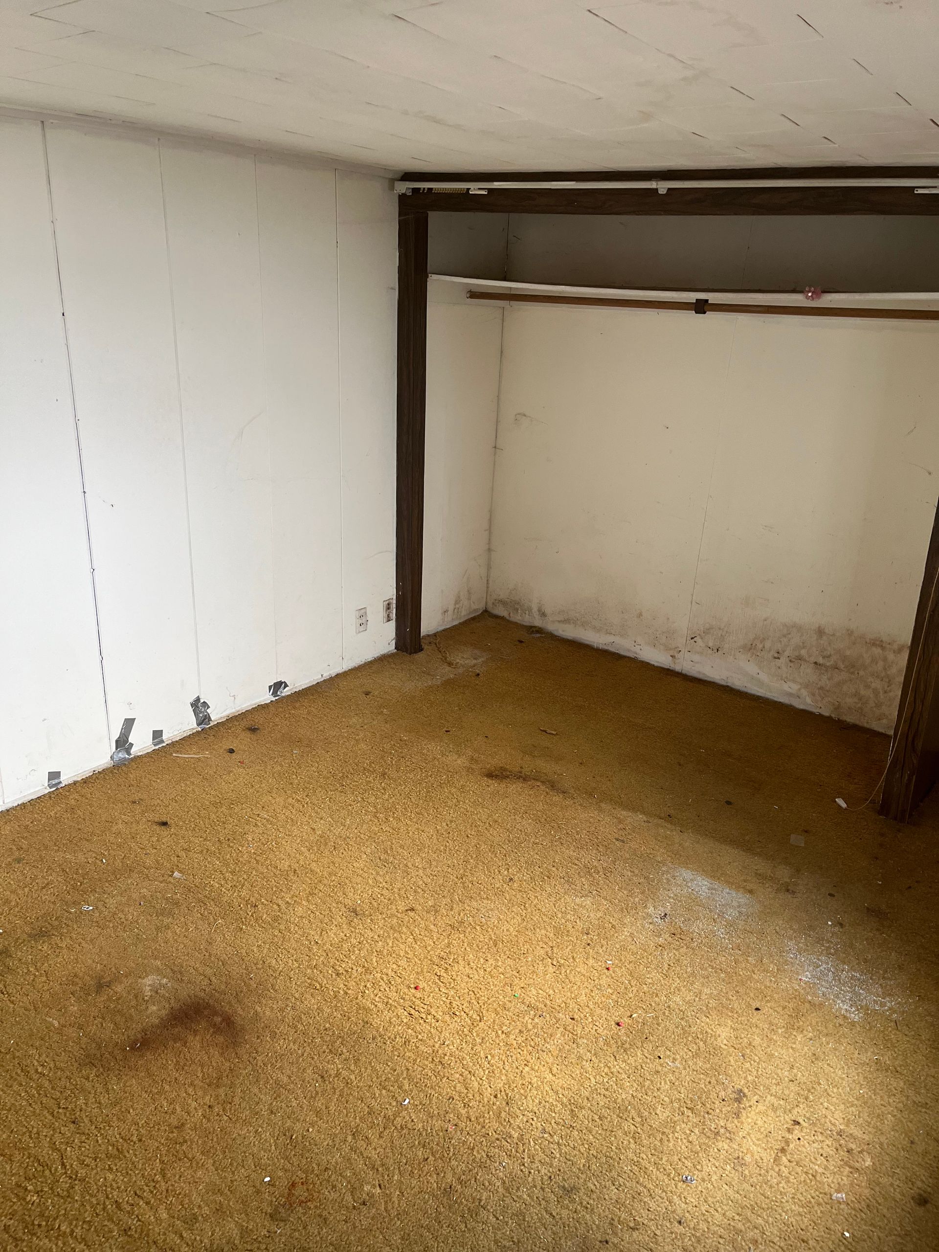 Empty room with stained walls, tan flooring, and a built-in closet area.