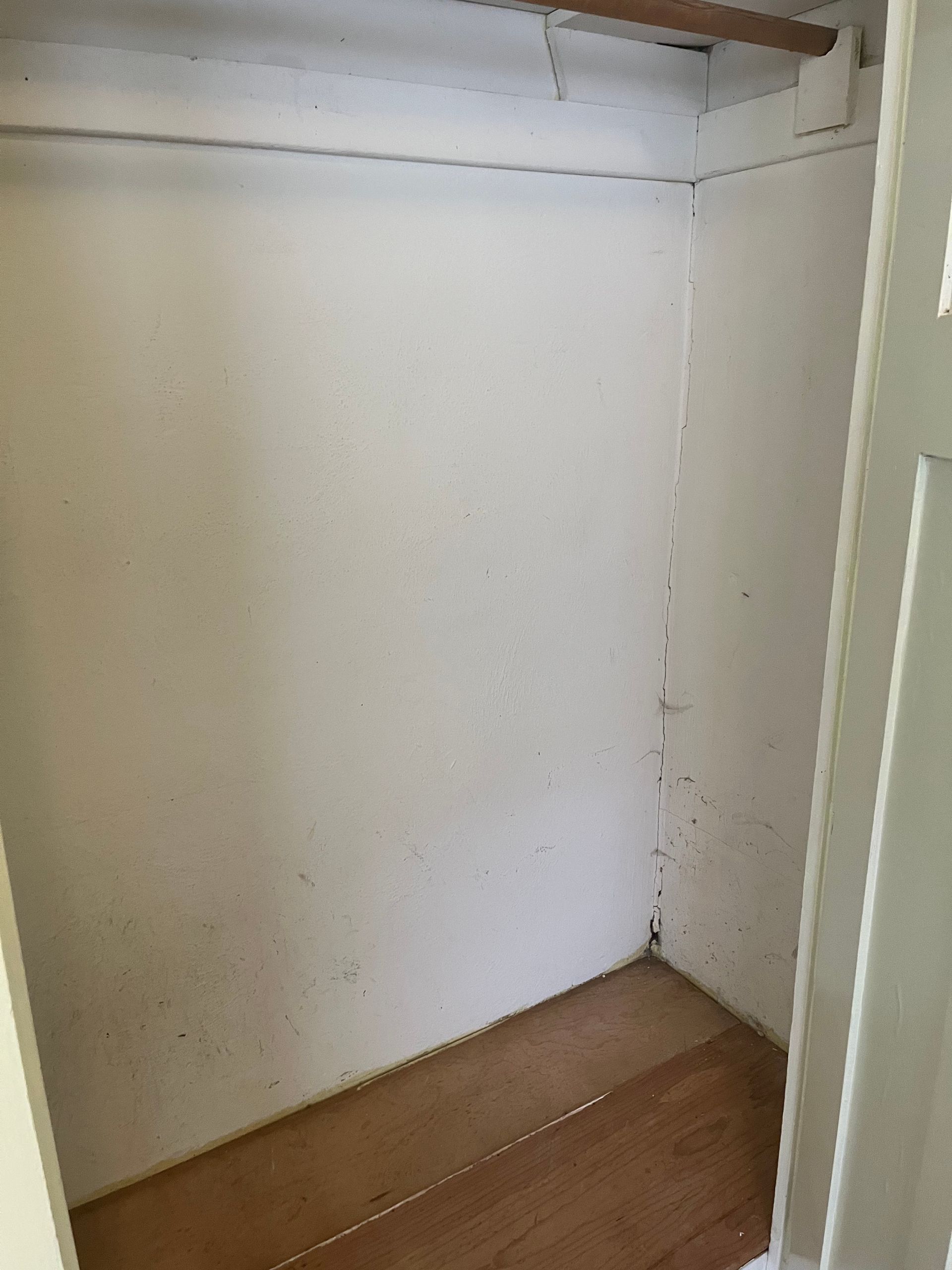 Empty white closet with wooden floor and a hanging rod.