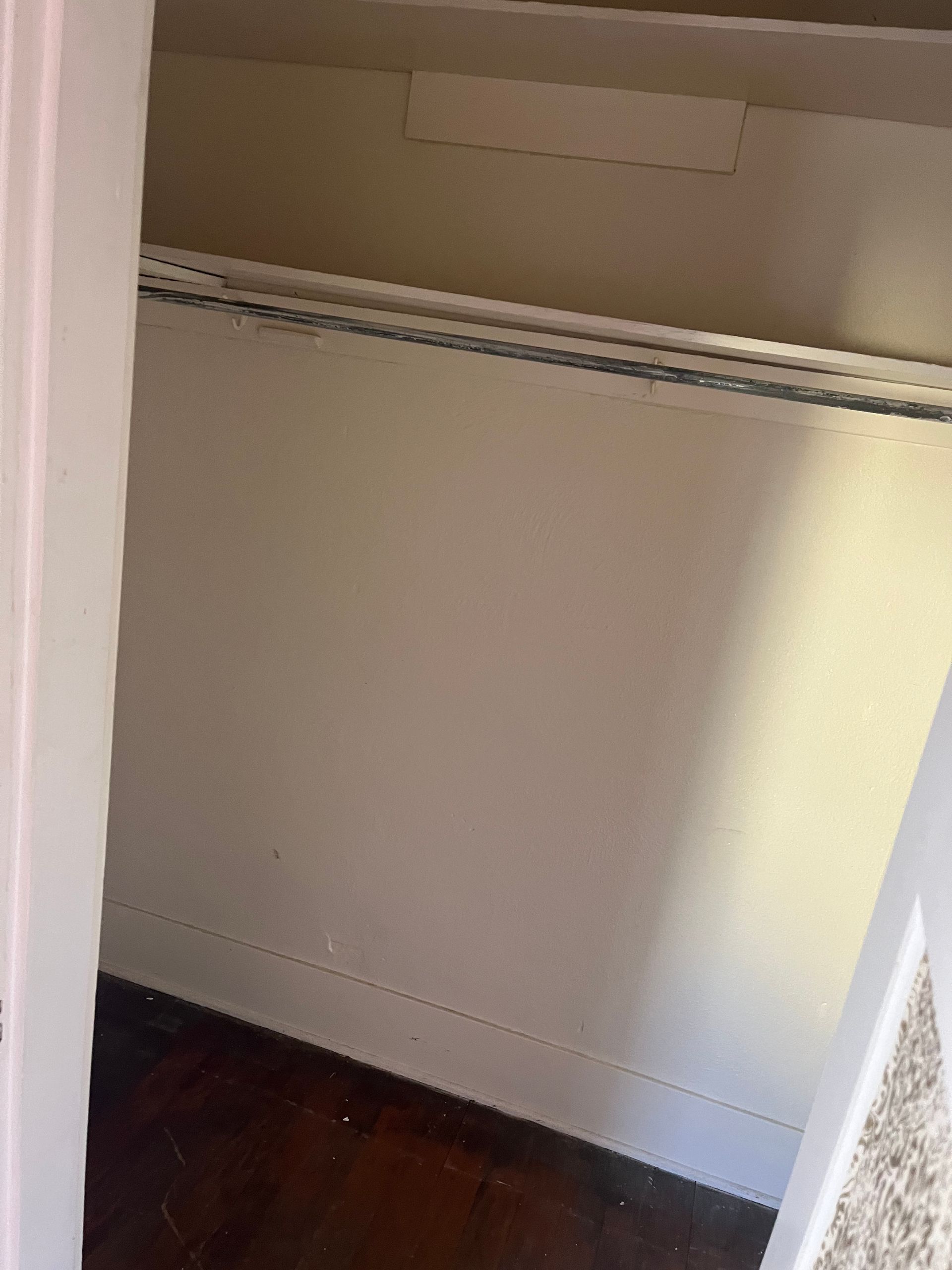 Empty, white closet interior with a rod and a dark wood floor.