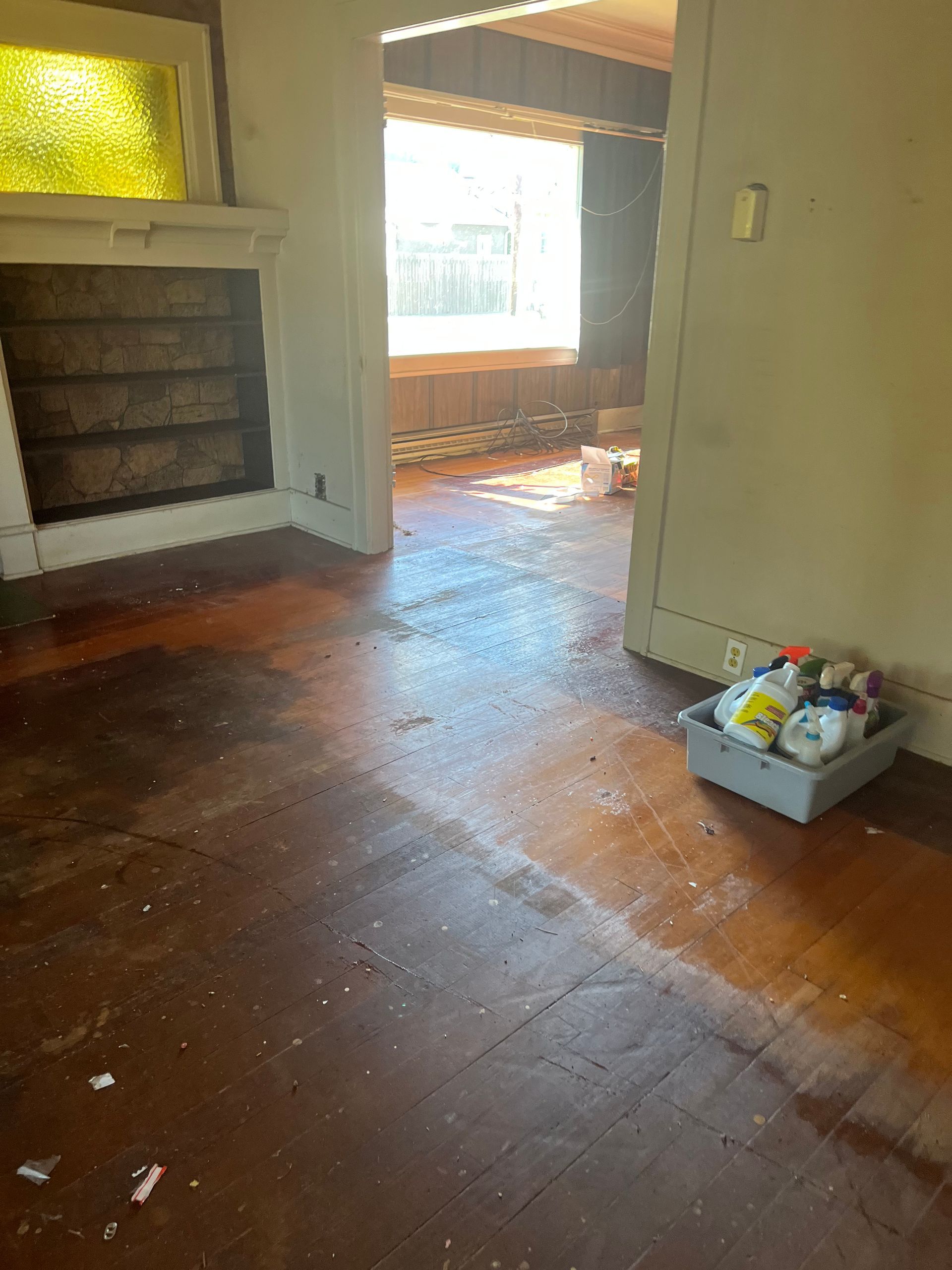 A cluttered, dirty room with dark wood floors. A doorway leads to a sunlit area; a cleaning tray sits on the right.