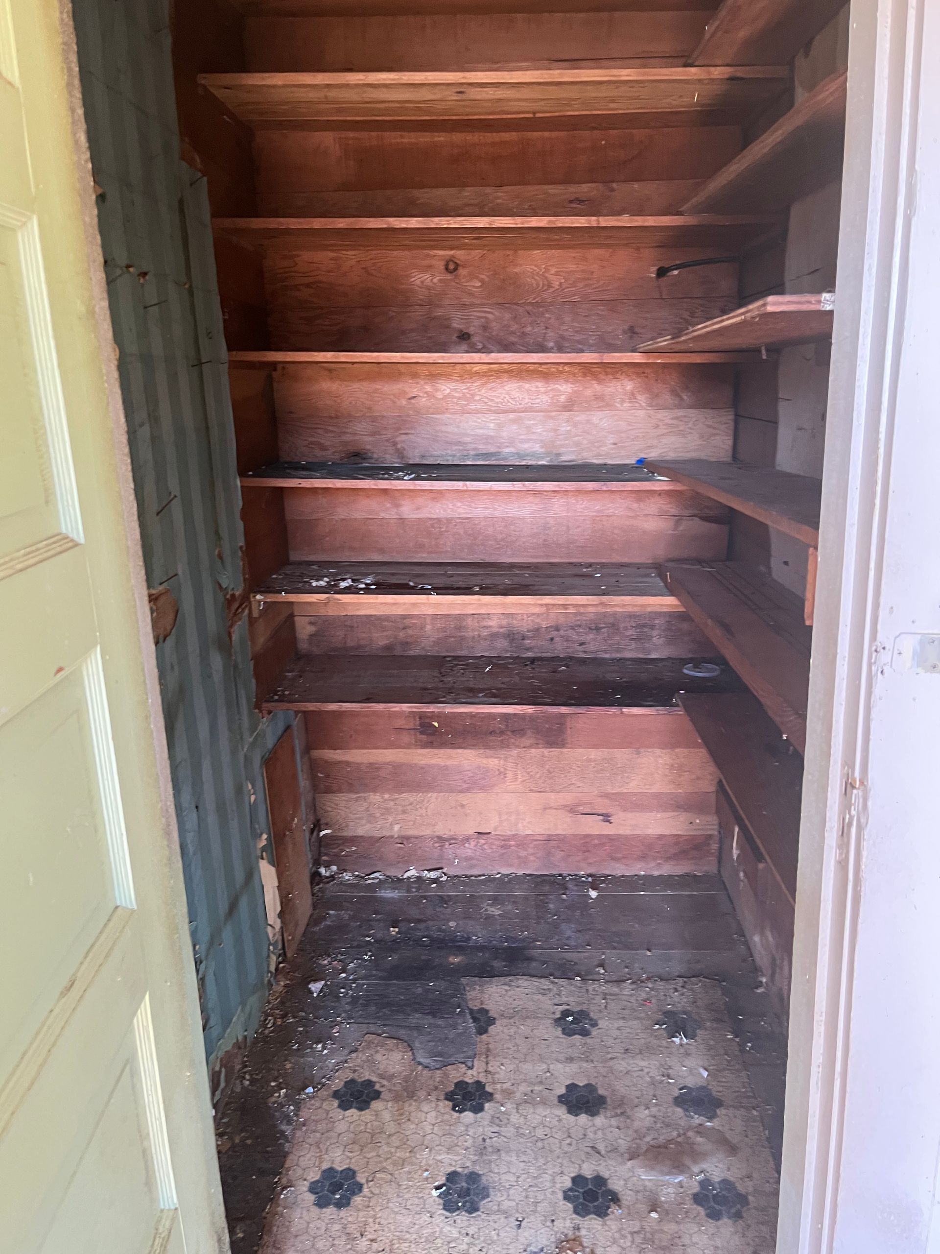 Wooden shelves inside a dark, narrow closet. Dirty tiled floor. Doorway at left.