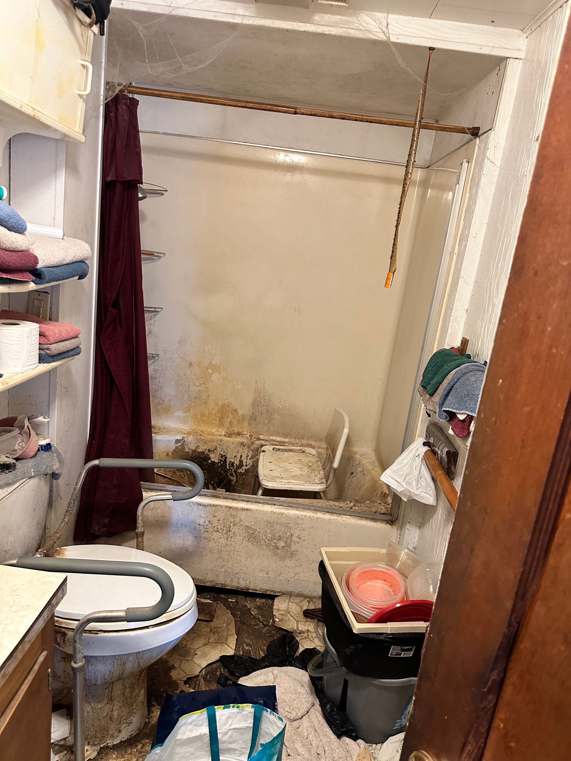 A cluttered, dirty bathroom with a toilet, shower, and shelves. Dark mold growth present.