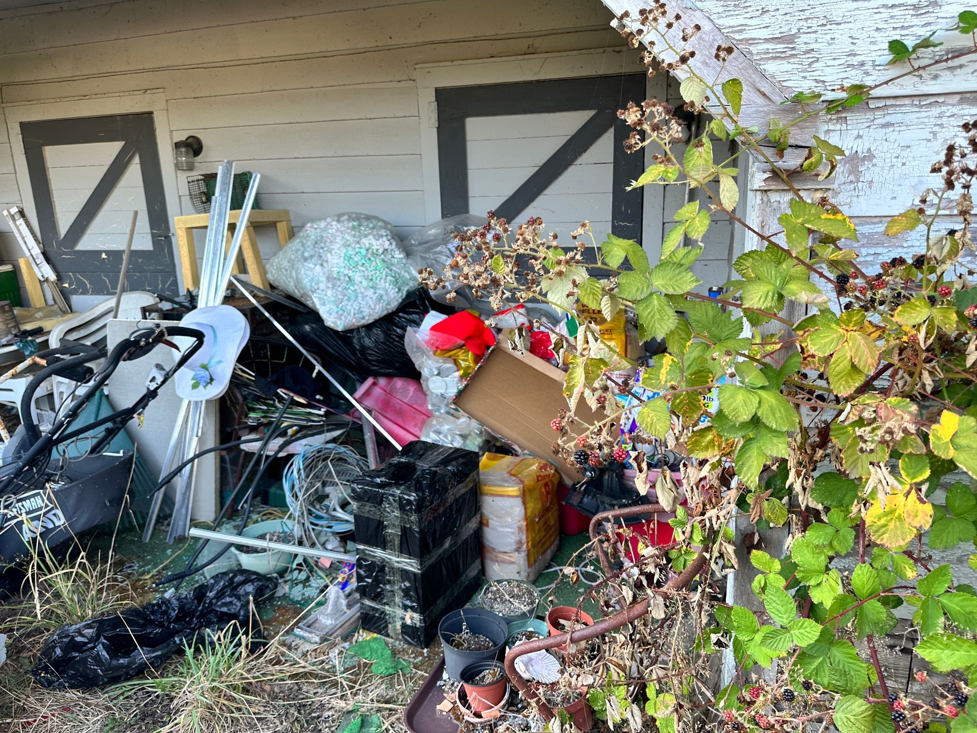 Overfilled storage area beside a weathered white building. Mixed trash, debris, and plants.