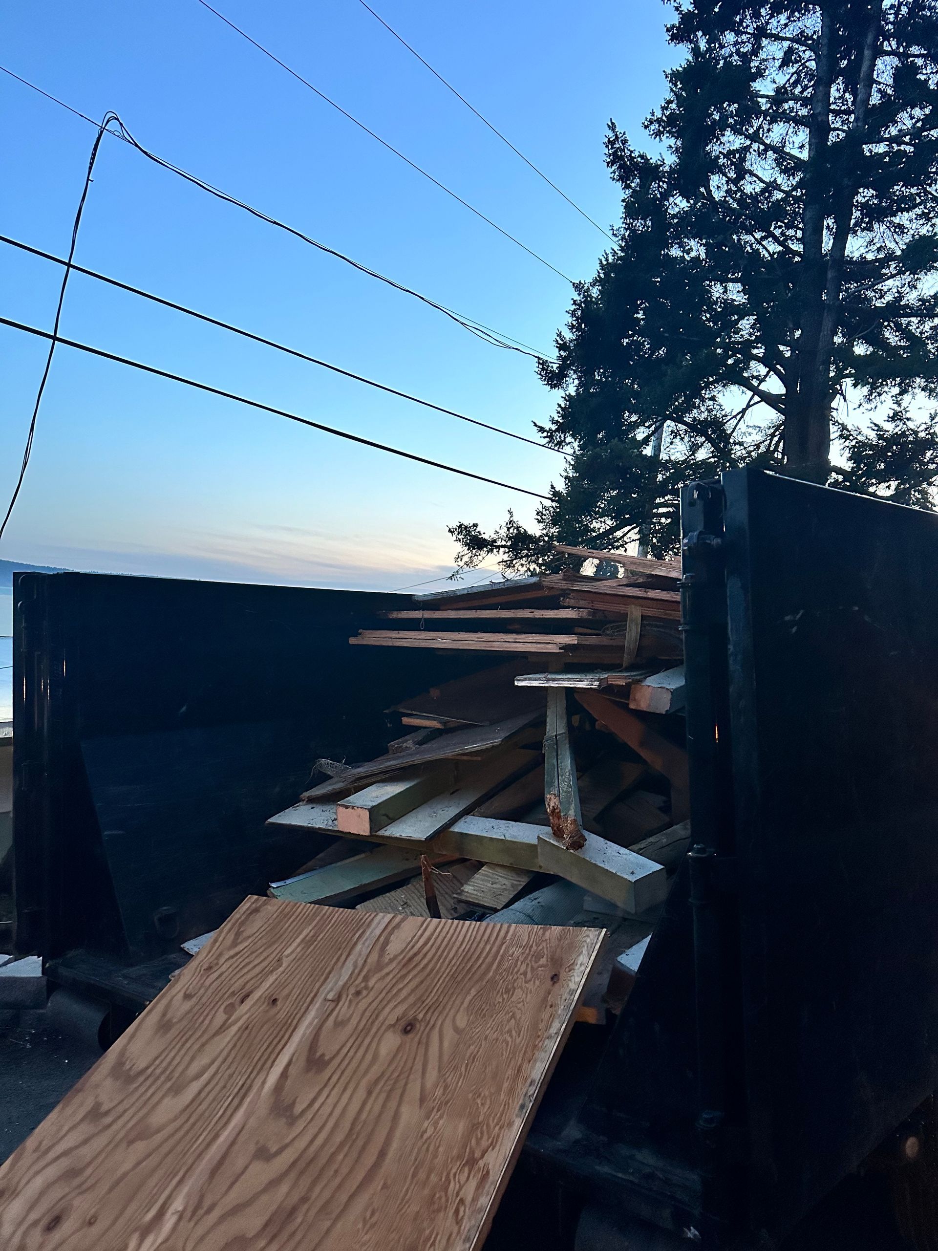 Pile of wood debris in a truck bed with power lines and a tree against a blue and orange sky.