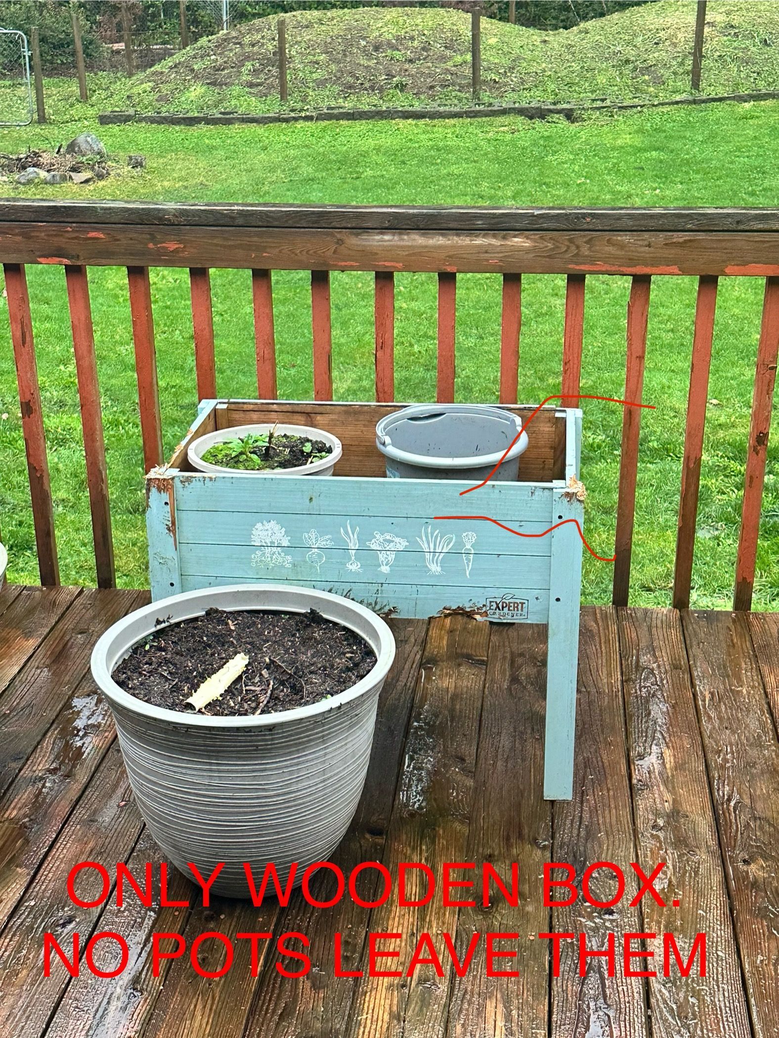 Wooden box on a deck, holding two small containers. A large pot is in front. Green background.