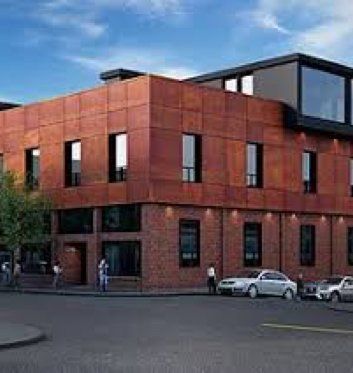 An artist 's impression of a large brick building with cars parked in front of it.