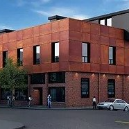 An artist 's impression of a brick building with a car parked in front of it.