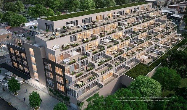 An aerial view of a building with lots of balconies