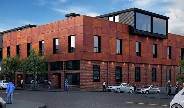 An artist 's impression of a large brick building with cars parked in front of it.