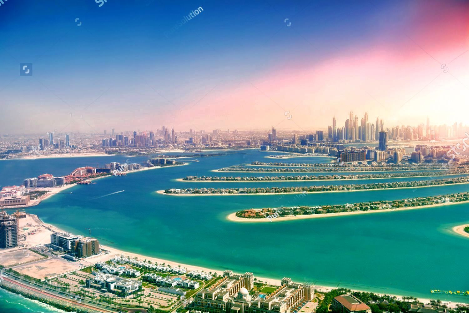 An aerial view of the palm jumeirah in dubai , united arab emirates.