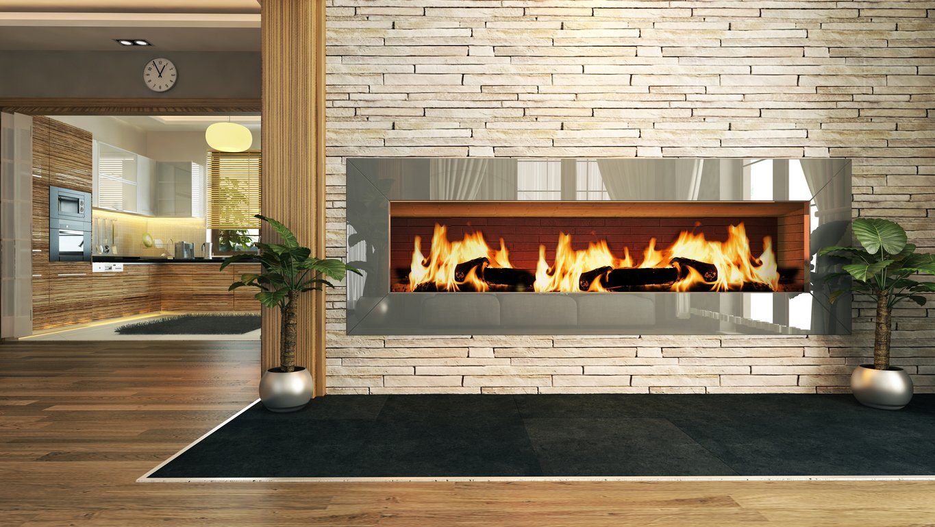 wide, metallic wood burning fireplace