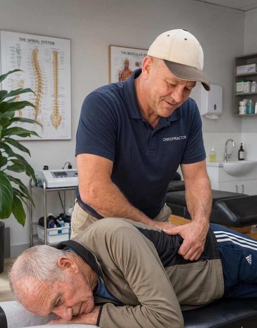 Dr Ross, Chiropractor in Fourways, at work on an elderly patient.