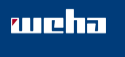 The logo of Weha, a company, has white block letters against a blue background. The “e” contains a red triangle.