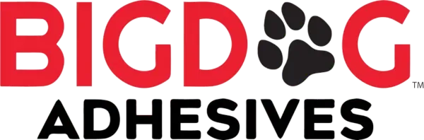 Logo for Big Dog Adhesives, red letters with black paw print and black text.