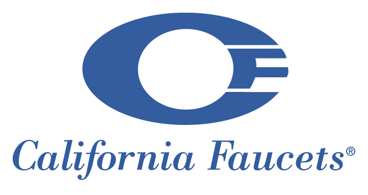 Blue logo for California Faucets with an oval and the letters