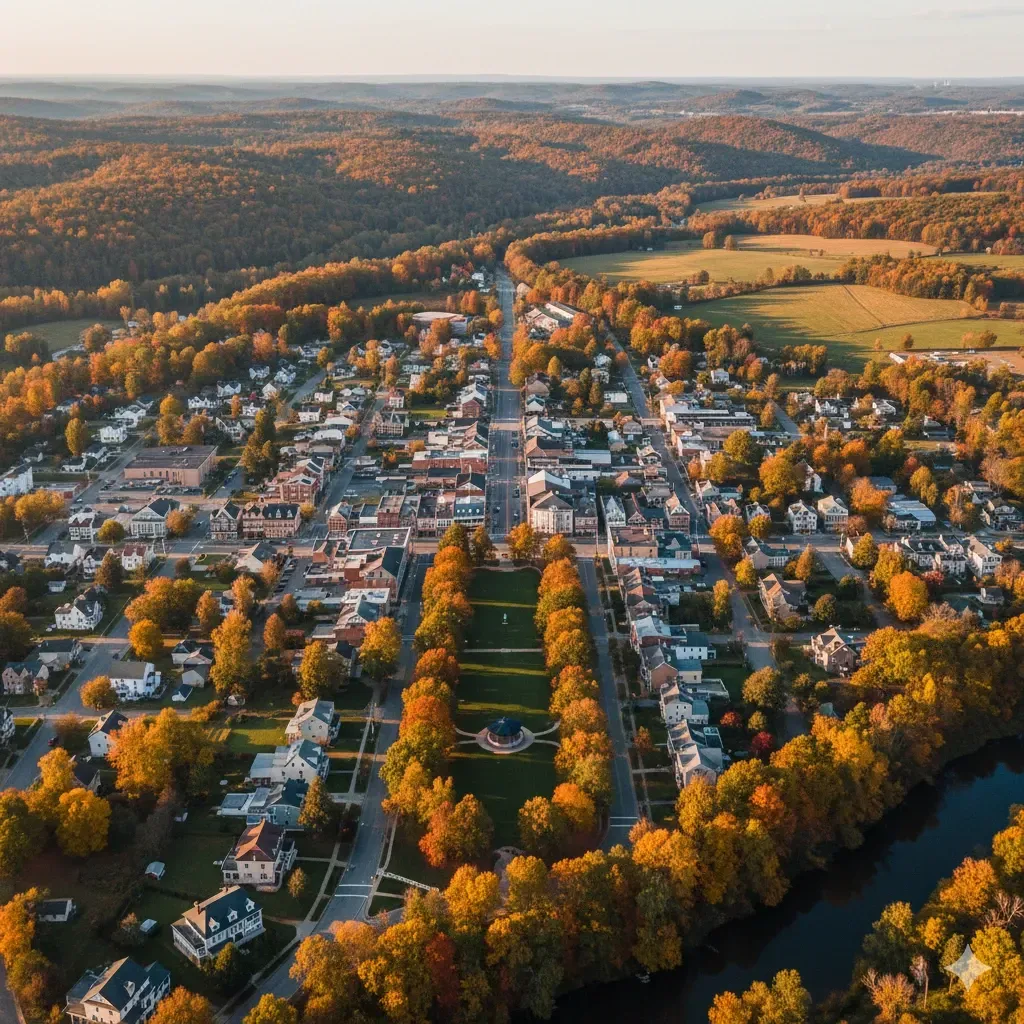 An aerial view of a city with a lake in the background.