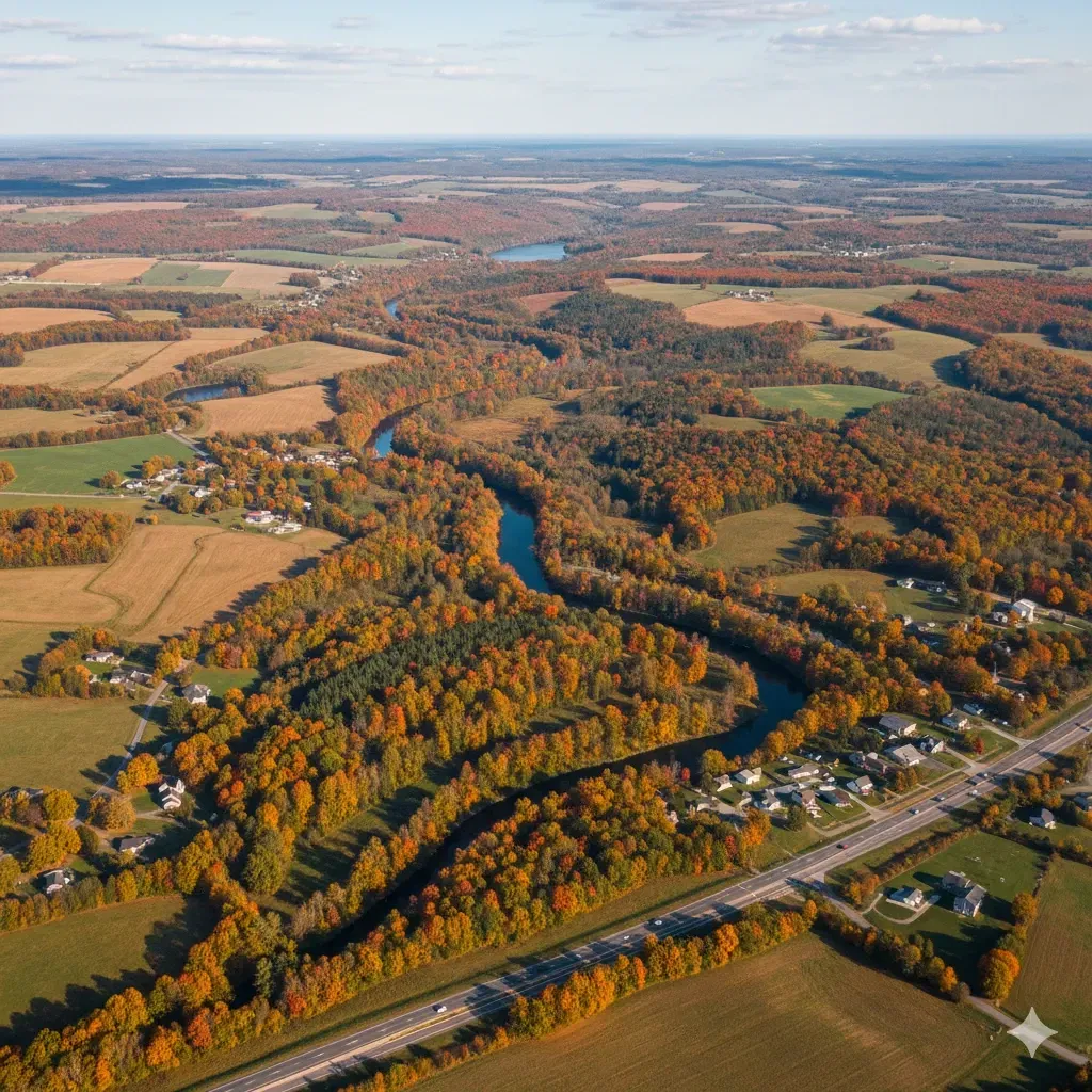 An aerial view of a city with a lake in the background.