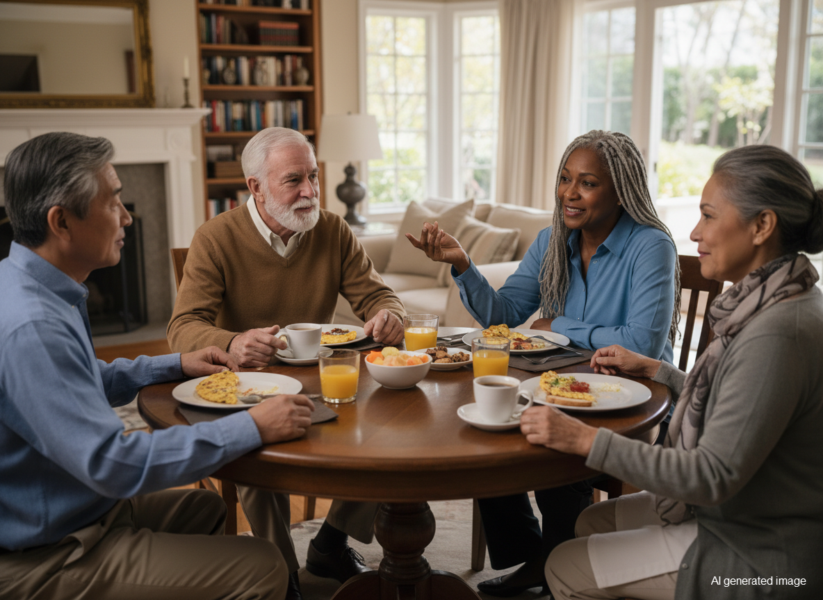 Four people at a round table, eating breakfast and talking. Light streaming in a window behind them.