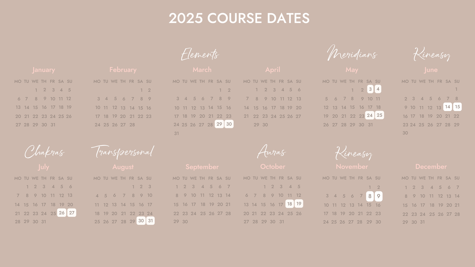 CALENDAR OF COURSE DATES FOR 2025