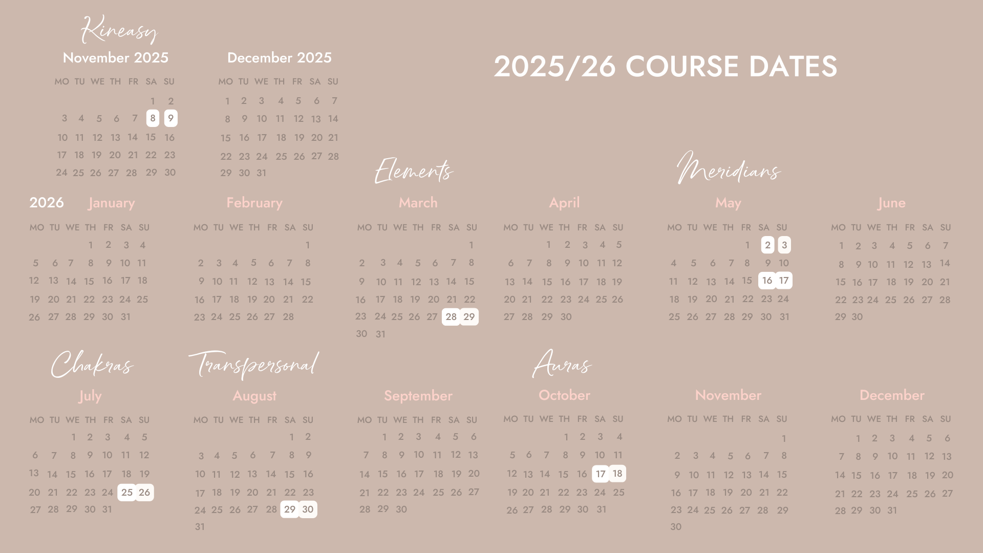 CALENDAR OF COURSE DATES FOR 2025