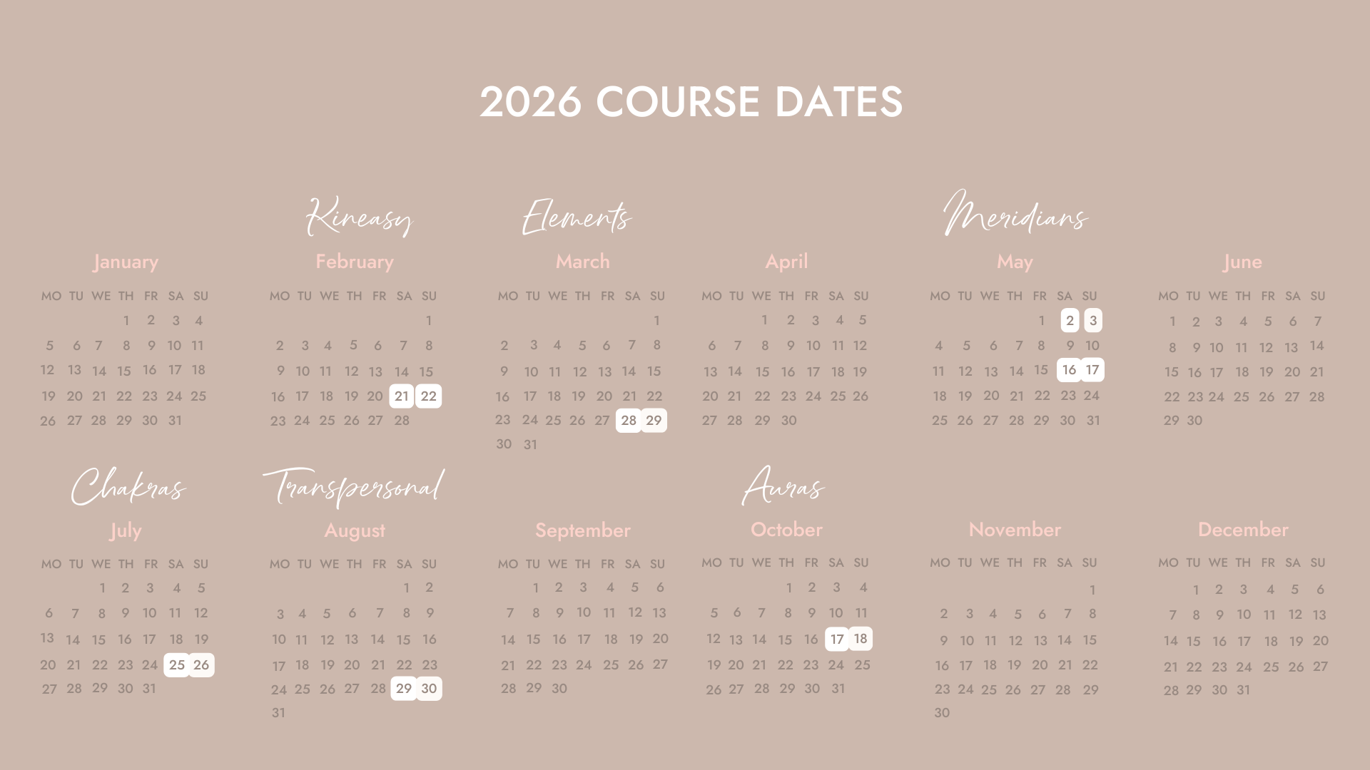 CALENDAR OF COURSE DATES FOR 2026