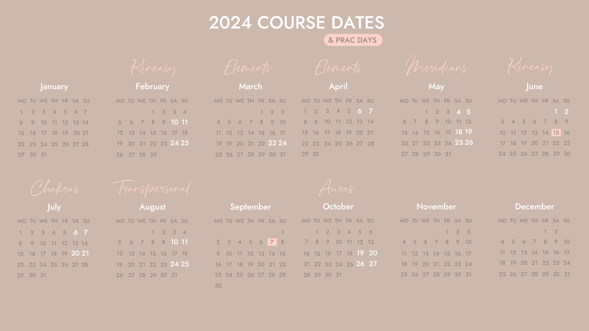 CALENDAR OF COURSE DATES FOR 2024