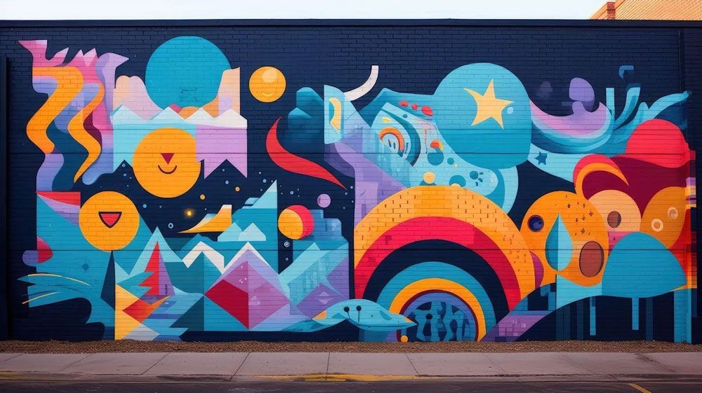 Colorful mural on a dark blue brick wall; abstract shapes, circles, mountains, and animals in blues, oranges, and pinks.