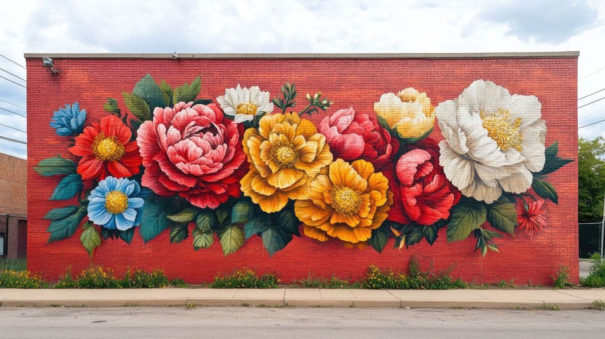 Mural on a brick wall: colorful oversized flowers in shades of red, yellow, pink, blue, and white.