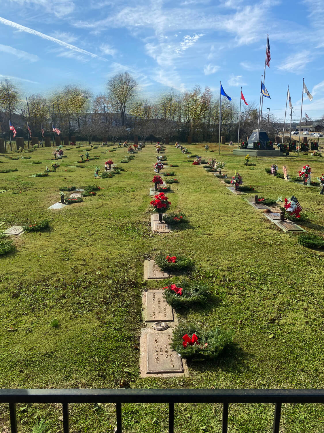 Jefferson Memorial Gardens Cemetery with Wreaths on Headstones
