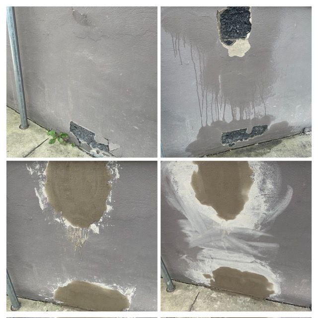 Four-panel image: exterior wall with peeling paint and patching. Wet patches, gray wall, some greenery at the base.