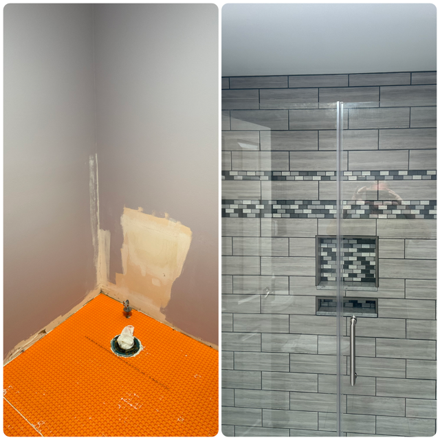 Before and after of shower installation. Left: orange floor, gray walls. Right: tiled shower with glass door.