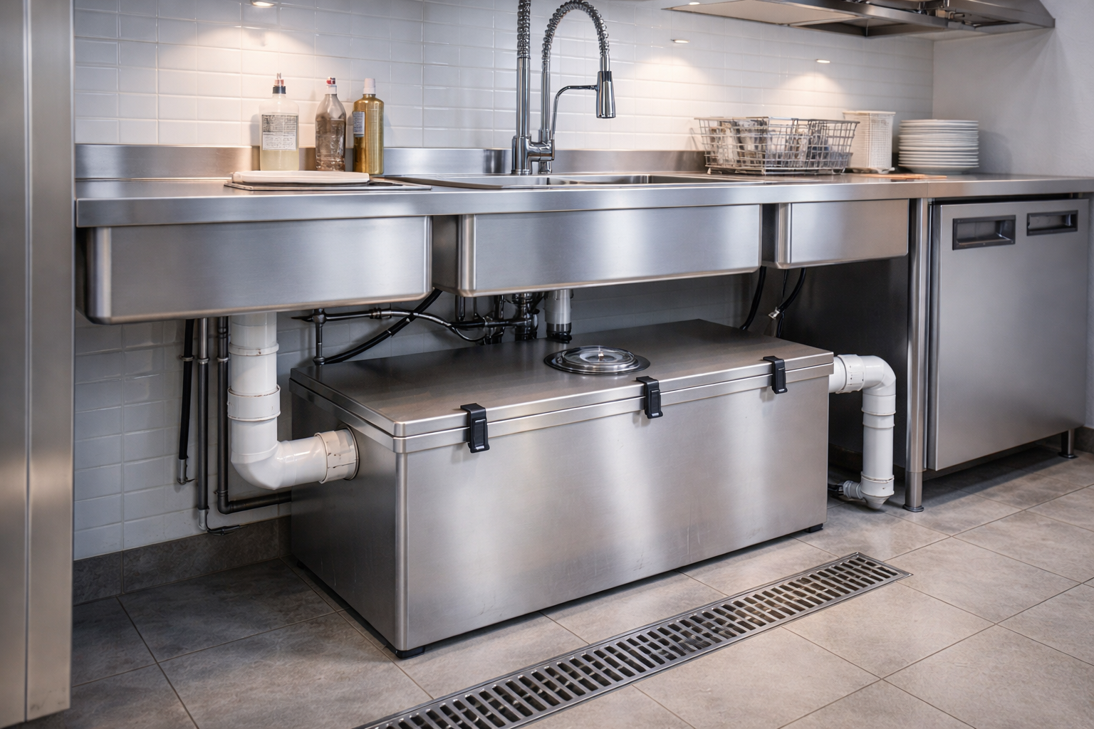 Stainless steel commercial kitchen with triple sink, grease trap, and dishwasher.