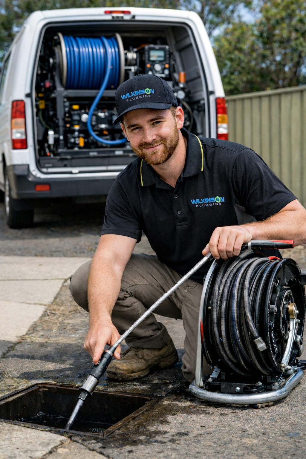Plumber kneeling, holding hose entering sewer. Van with equipment visible.