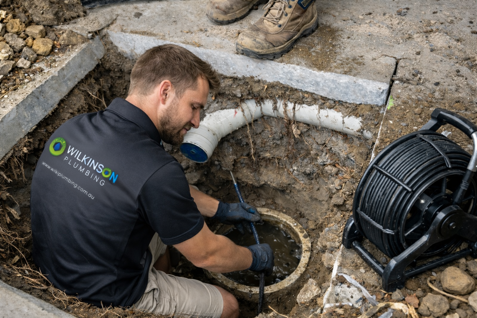 Plumber inspecting a drain pipe using a camera. Outdoor setting, wearing gloves, in a hole.