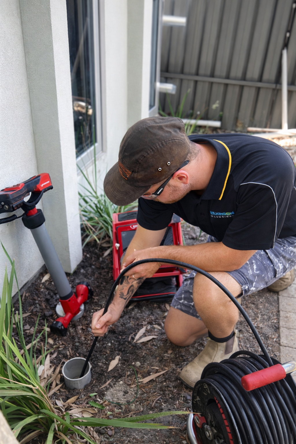Plumber inspecting pipe with a camera. Black cable extends from a reel. Near a building with plants.