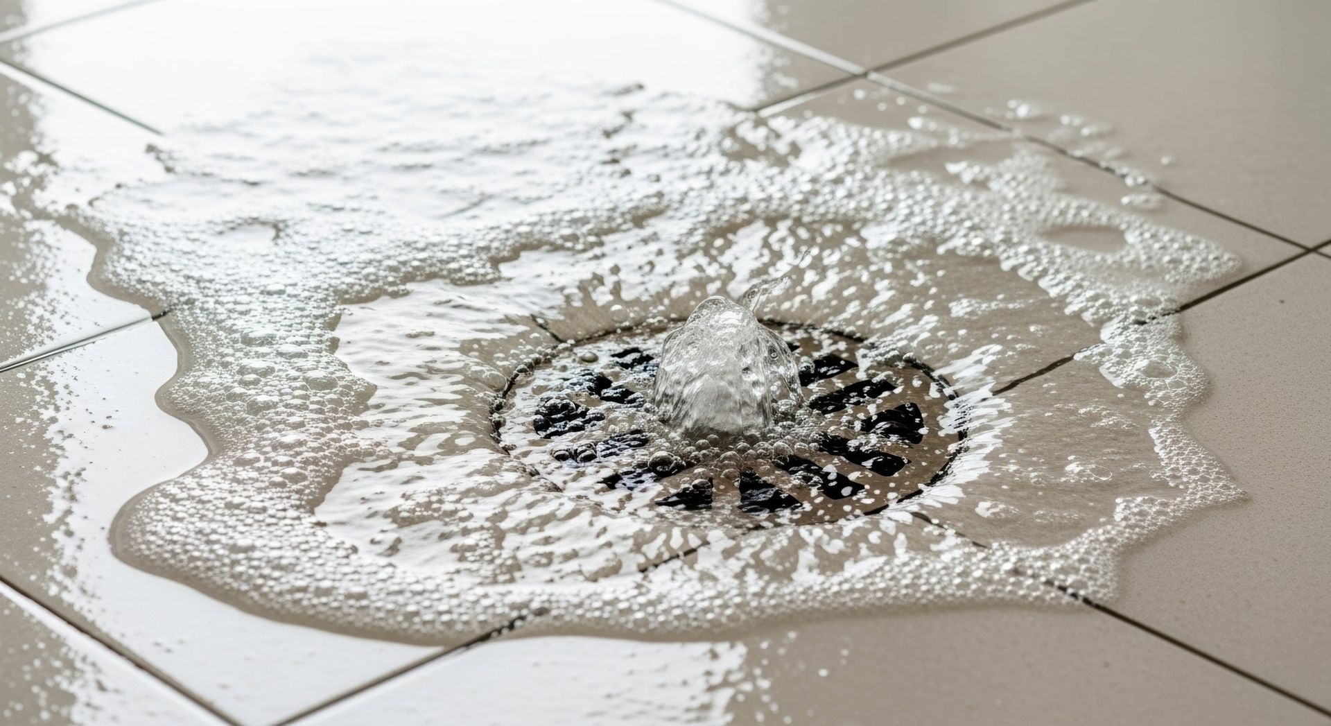 Water overflowing from a clogged drain in white-tiled bathroom floor.