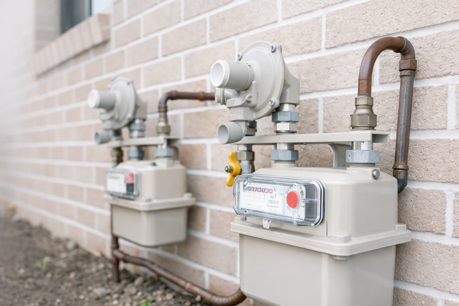 Two beige gas meters and regulators mounted on a brick wall with copper pipes.