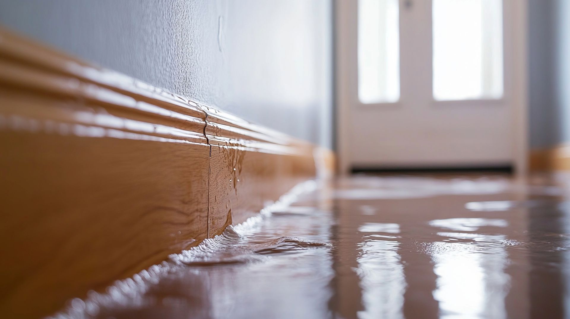Water damage on floor and baseboard of a room, with a closed white door in background.