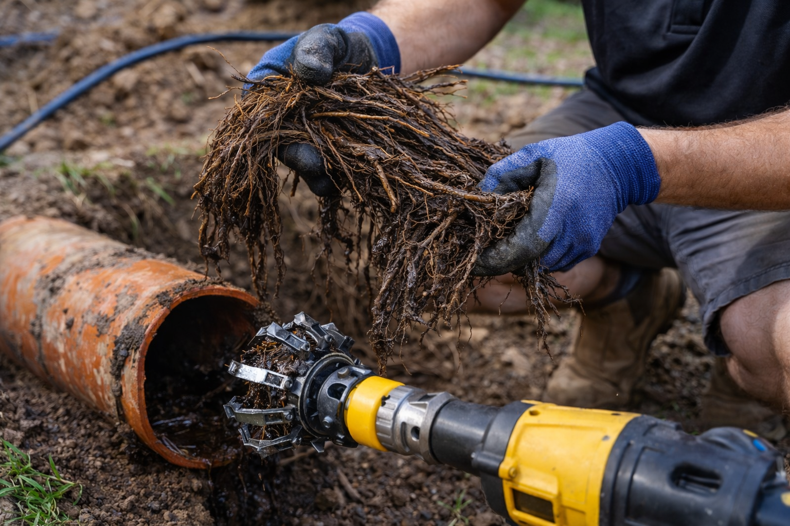 Plumber removing tree roots from a pipe with a power tool, outside in a trench.