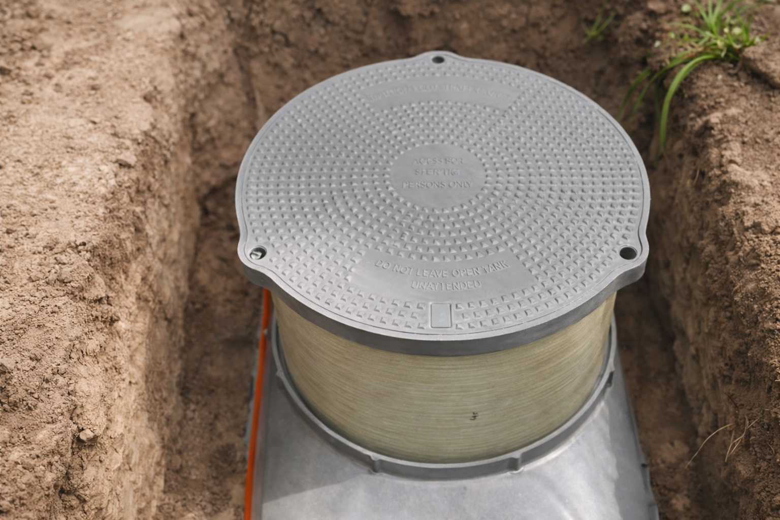 Gray septic tank lid in a dirt trench, surrounded by soil.