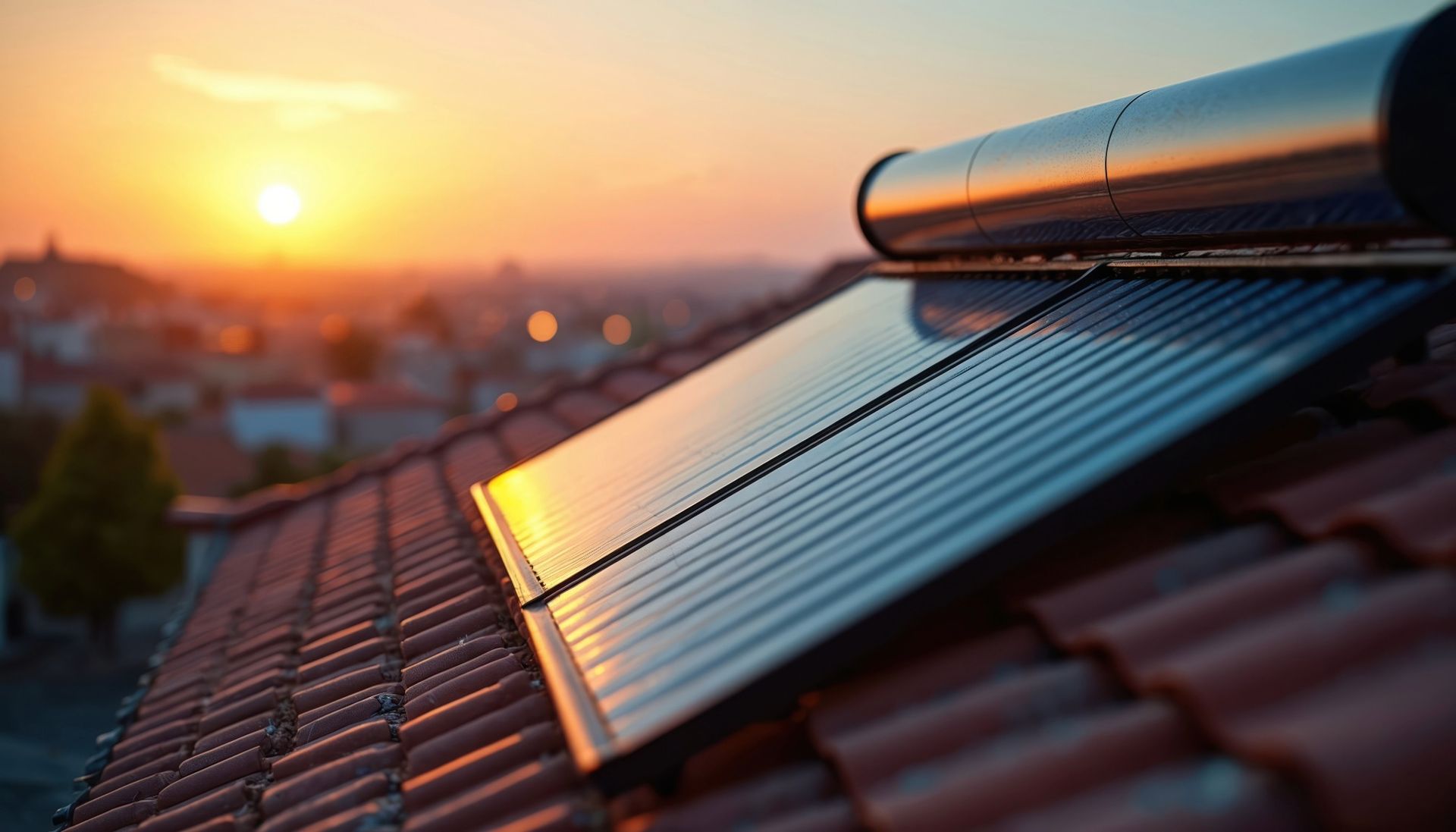 Solar water heater on a rooftop, silhouetted against a sunrise, with a blurred cityscape in the background.