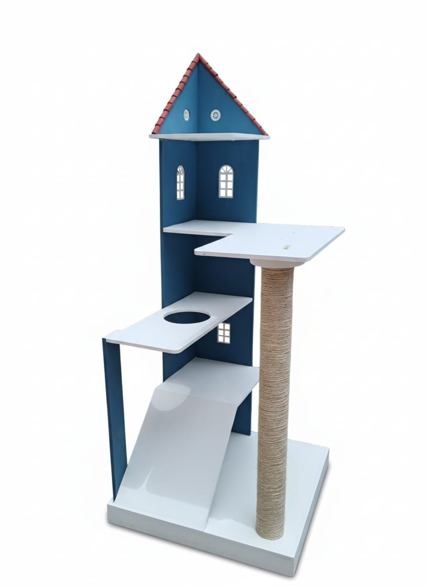 Árbol para gatos azul y blanco con estructura tipo casa, poste rascador y múltiples plataformas.