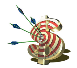 Money-shaped target with four arrows shot into the bullseye