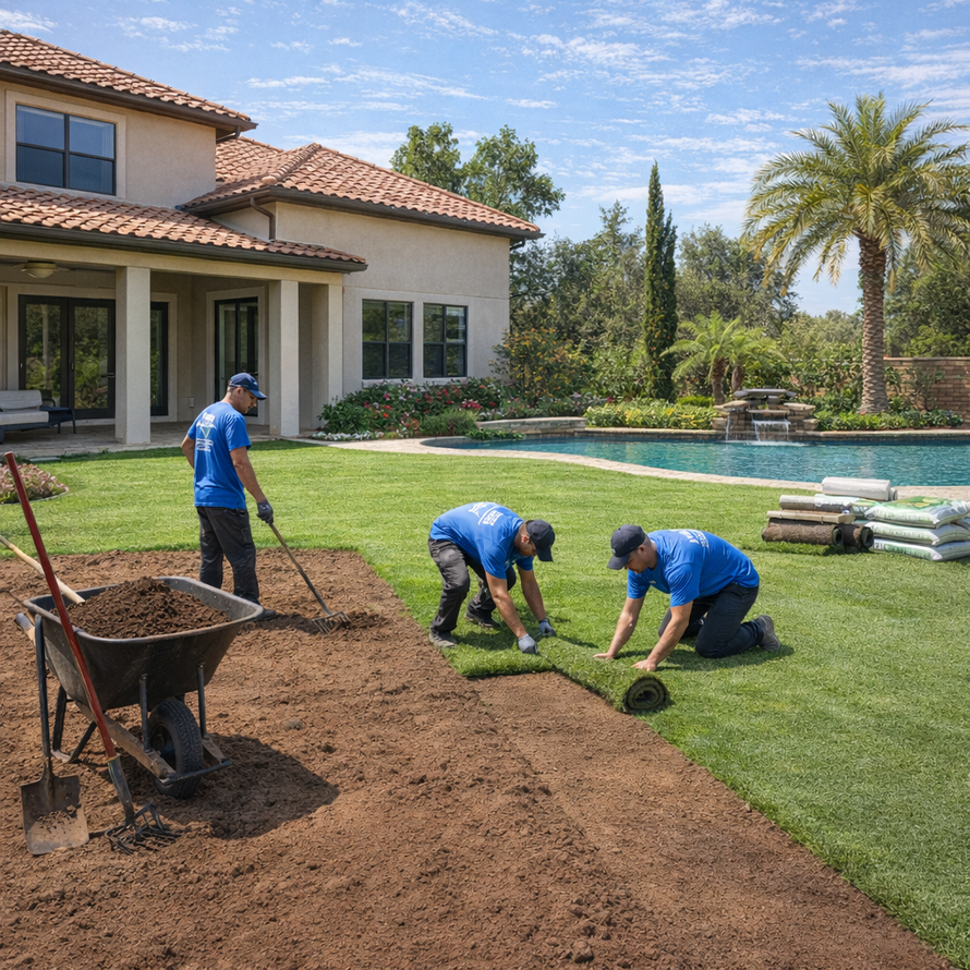 Four workers in grey uniforms install artificial turf on a residential lawn, with one operating a landscape roller.